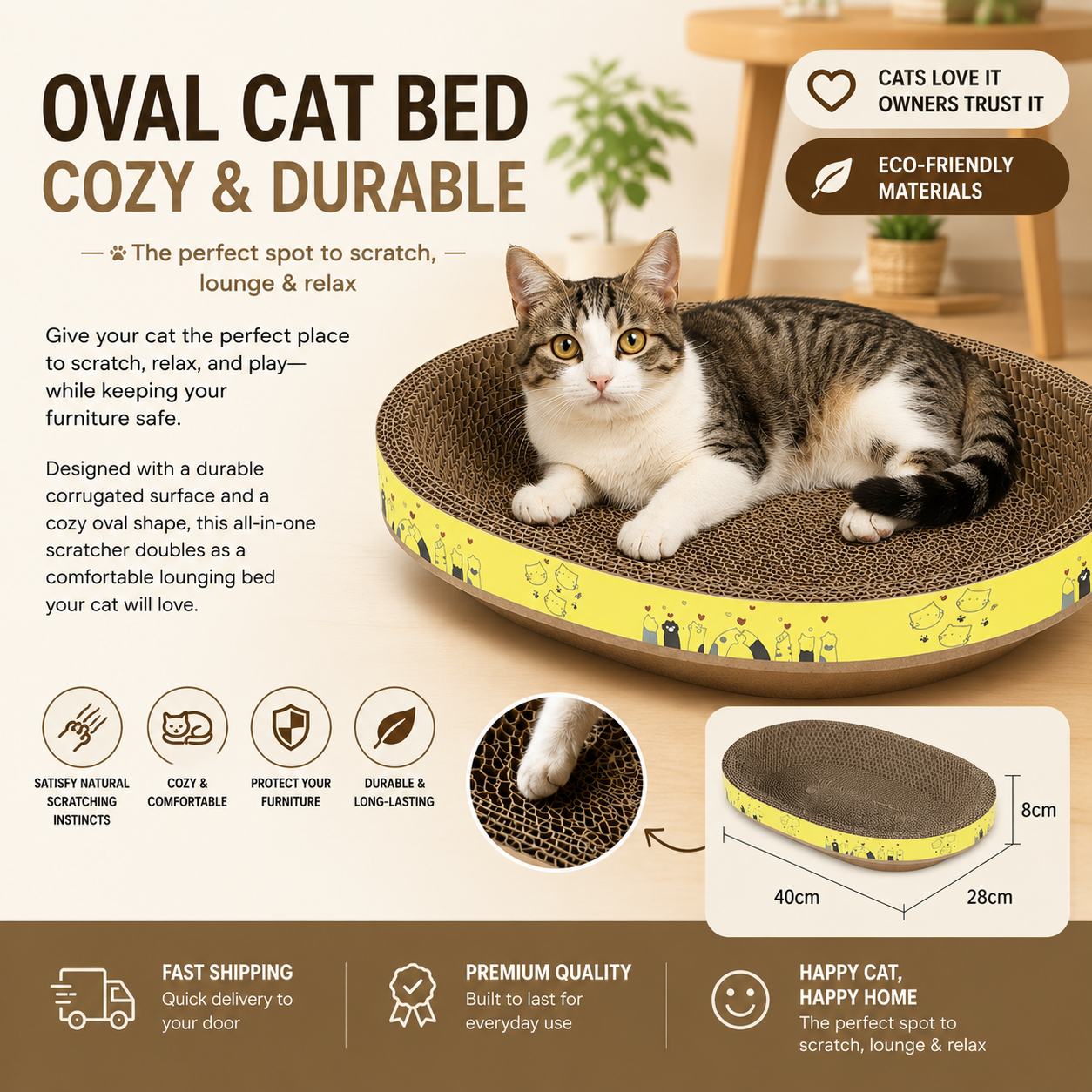 Oval Cat Bed – Cozy & Durable